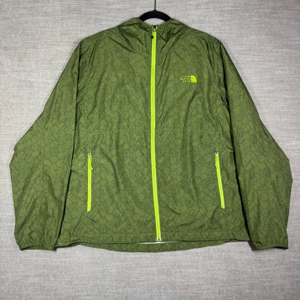 The North Face Flyweight Windbreaker Jacket Mens XL Green Geometric Topo Hooded